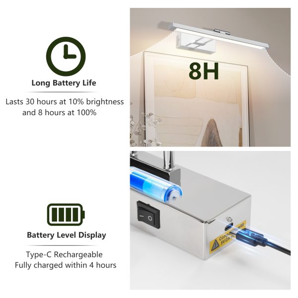 Battery Picture Light, 16 inch Wireless Picture Light for Painting with Remote,Full Metal Rechargeable Art Light,Wall Sconce Display Lighting for Portrait, Photo Frame,Gallery, (Chrome)