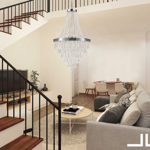 20" Chrome Crystal Chandelier with Adjustable Height, Modern Ceiling Light Fixture for Living Room, Dining Room, Staircase, 11-Light E12 Bulb Base (No Bulbs)