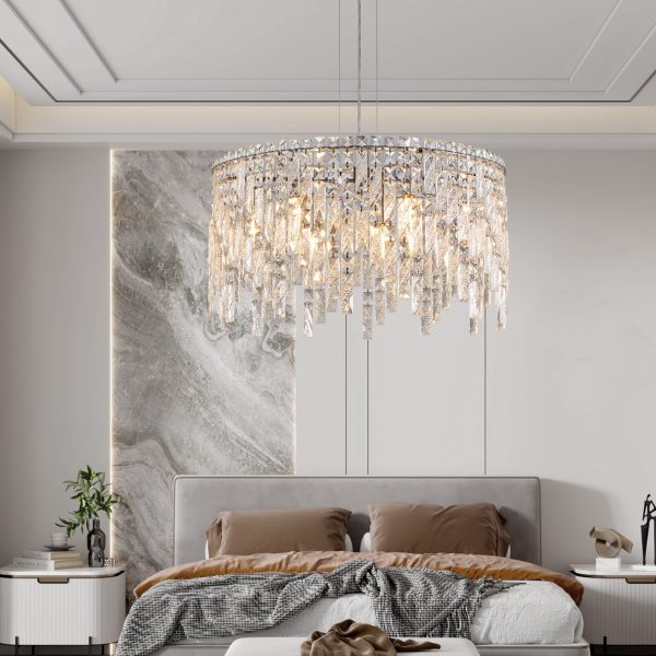 24" Luxurious Round Silver Crystal Chandelier, Contemporary Rectangular Pendant Light for Dining Room, Living Room, and Grand Foyers (Bulbs Not Included)