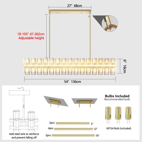 Crystal Brass Rectangle Chandeliers for Dining Room, 54in Gold Farmhouse Chandeliers for Dining Room, Modern Rectangle Crystal Chandelier for Kitchen Island Living Room, Includes 60XG4 Bulbs