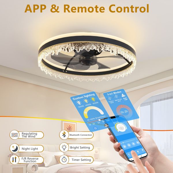 20-inch Black Smart Ceiling Fan Light with Silent Function, Multi-Speed Adjustment for Bedroom, Study Room, and Dining Room