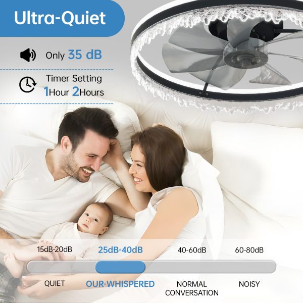 Modern LED Ceiling Fan with Light C 24'' Dimmable Ceiling Light with Invisible Blades and Crystal Design, Remote Control & Adjustable Color Temperature, Quiet Fan for Bedroom, Living Room
