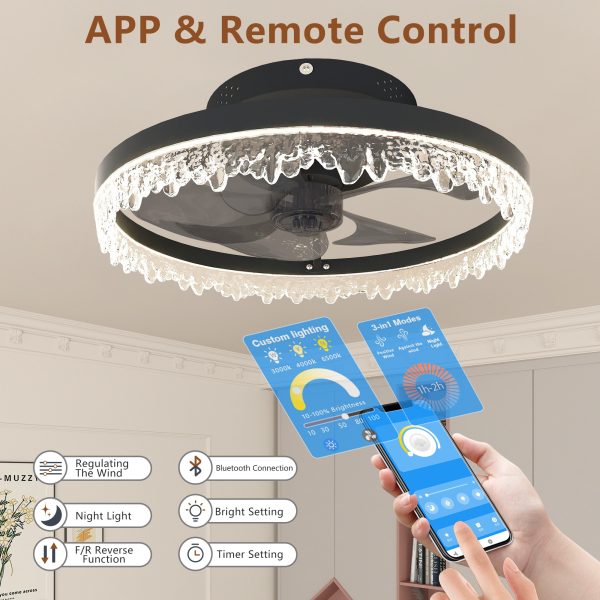 Smart Silent Elegant Black Ceiling Fan with Light C 16-inch Flush Mount LED Chandelier with 5 Invisible Blades, Remote Control & Timer, Dimmable Lighting for Bedroom, Living Room, Dining Room