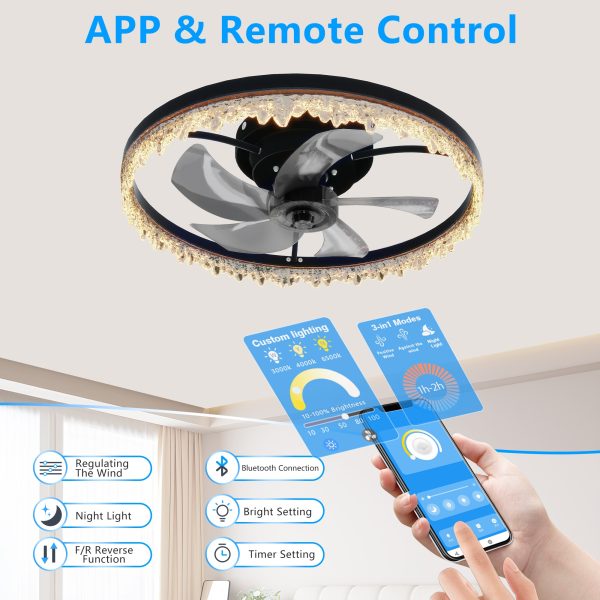 Smart Flush Mount Ceiling Fan with Light C 20-inch Integrated LED Chandelier with 5 Invisible Blades, Remote Control & Timer, Dimmable Lighting, Ultra-Quiet Operation for Bedroom, Living Room