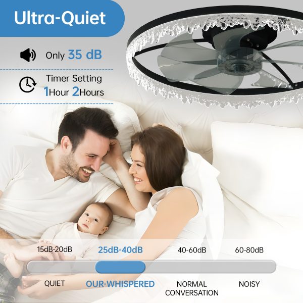 Luxury Crystal Ceiling Fan with Lights C 24'' Flush Mount LED Chandelier Fan with 5 Invisible Blades, Remote & Timer, Bright Dimmable Lighting for Bedroom, Living Room, Dining Room