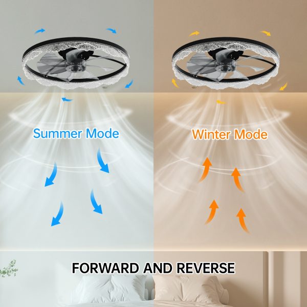24" Decorative LED Ceiling Fan Light C Modern Flush Mount with Acrylic Ring, Hidden Blades, Remote Control, and Dimmable Light for Stylish Homes (Black)