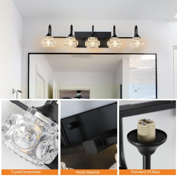 29" Retro 5-Light Bathroom Vanity Light Fixture - Black Finish with Crystal Glass Shades, Wall Mounted Lighting for Bathroom, Powder Room, and Vanity Mirror (No Bulbs)