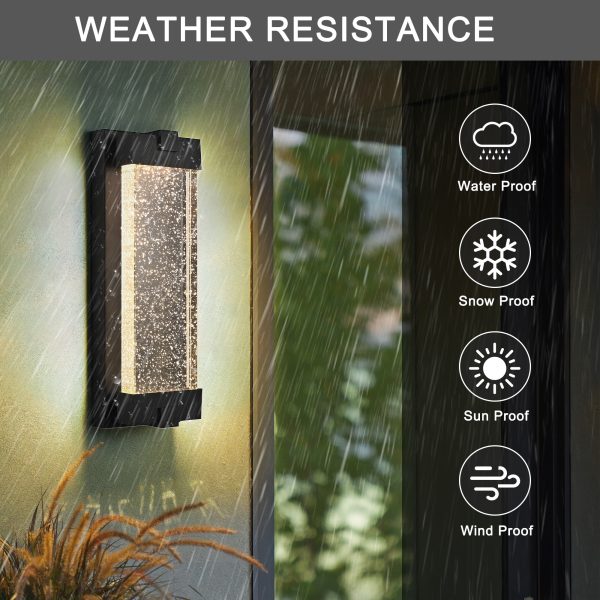 19"(H) Black Aluminum Finish Outdoor Wall Light with Bubble Crystal Glass, LED Light Source, 3000K Warm Light, Weatherproof Exterior Sconce for Patio, Porch, or Garage (1-pack)