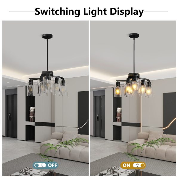 6-Light Modern Farmhouse Black Chandelier, Contemporary Dining Room Light Fixture, Adjustable Height Hanging Industrial Pendant Lights Kitchen Island, Clear Glass Shade