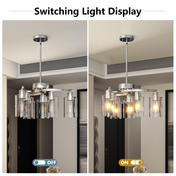 6-Light Brushed Nickel Chandeliers for Dining Room Light Fixtures Over Table, Adjustable Height Hanging Industrial Pendant Lighting for Kitchen Island Bedroom, Clear Glass Shade