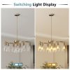 9-Light Gold Glass Chandelier, Adjustable Height Dining Room Light Fixtures Over Table, Contemporary Hanging Chandelier for Kitchen Island Living Room Foyer Office, Clear Glass Shade