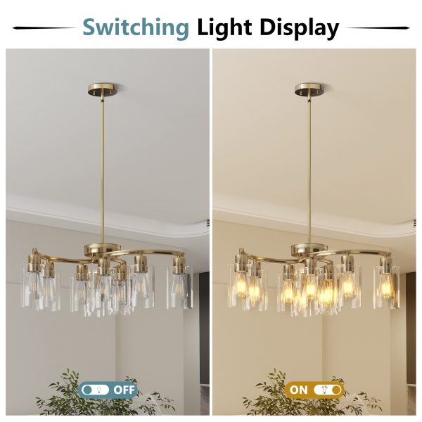 9-Light Gold Glass Chandelier, Adjustable Height Dining Room Light Fixtures Over Table, Contemporary Hanging Chandelier for Kitchen Island Living Room Foyer Office, Clear Glass Shade