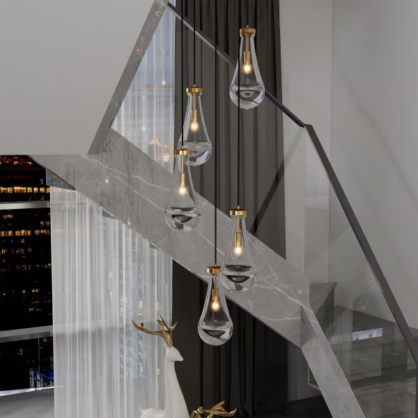 5-185.jpg 5 Light Cluster Pendant Light, Brass High Ceiling Chandeliers Adjustable, Living Room Pendant Light, Foyer Chandeliers, Stairwell Pendant Lights,E12 not Including Bulb