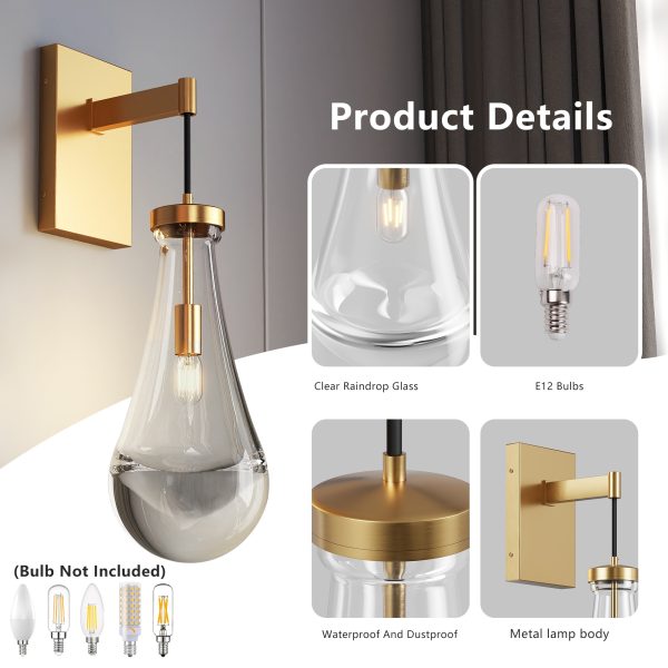Wall Sconces Set of Two, Brass Modern Raindrop Glass Sconces Wall Lighting, Gold Wall Light Fixtures Indoor Wall Light, Vanity Light Fixture Wall Lamp for Living Room, Bathroom