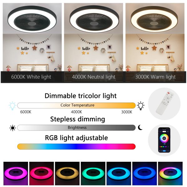 19-inch Black Ceiling Fan Light with LED RGB C Dimmable & Color-Changing, APP & Remote Control, Modern Smart Ceiling Fan for Living Room, Bedroom, and Dining Room (Silent/6-Speed/Reversible/DC Motor)