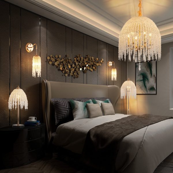 20 Inch 6-Light Crystal Pendant Light ChandelierC Elegant Waterfall Design with Cascading Crystal Bead Strings and Gold Finish for Living Room, Bedroom, or Dining Area (Bulb Not Included)