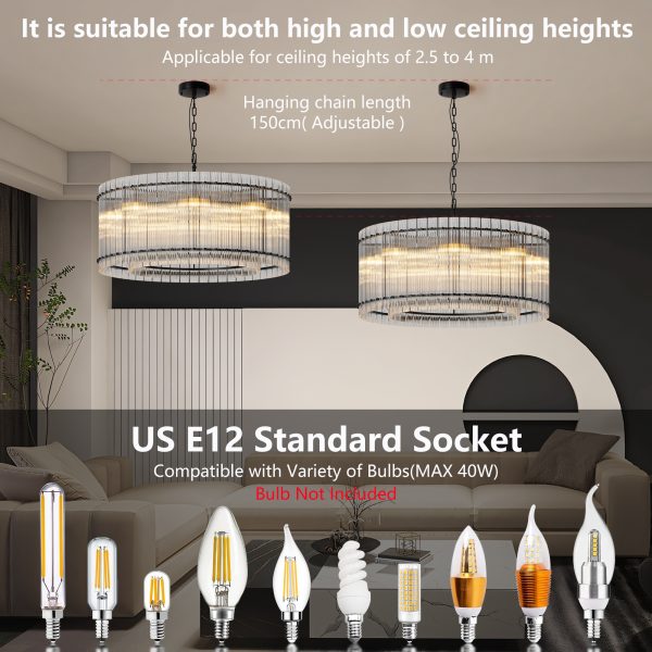 37" Modern Black Round Chandelier,2-Tier 8-Light Water Ripple Crystal Glass Chandeliers,for Dining Room,Living Room,Bedroom,High Ceiling,Foyer Entryway,Luxury Chandelier