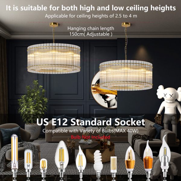 37" Modern Gold Round Chandelier,2-Tier 8-Light Water Ripple Crystal Glass Chandeliers,for Dining Room,Living Room,Bedroom,High Ceiling,Foyer Entryway,Luxury Chandelier