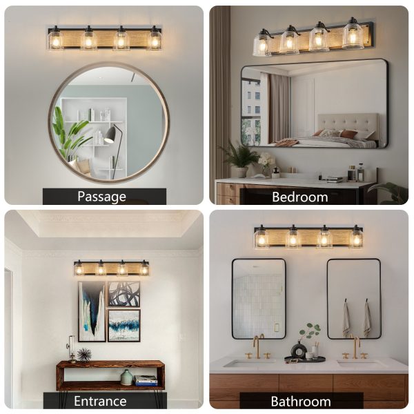32" Farmhouse Vanity Light Fixture, 4-Light Bathroom Wall Sconce with Clear Seeded Glass Shades, Black and Wood Grain Finish, Modern Industrial Design for Bathroom or Powder Room (No Bulbs)