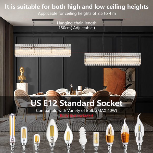 Modern Rectangular Crystal Glass Chandelier, 10-Lights Black Chandelier Lighting Contemporary Pendant Ceiling Light Fixture for Dining Room Living Room Kitchen Island