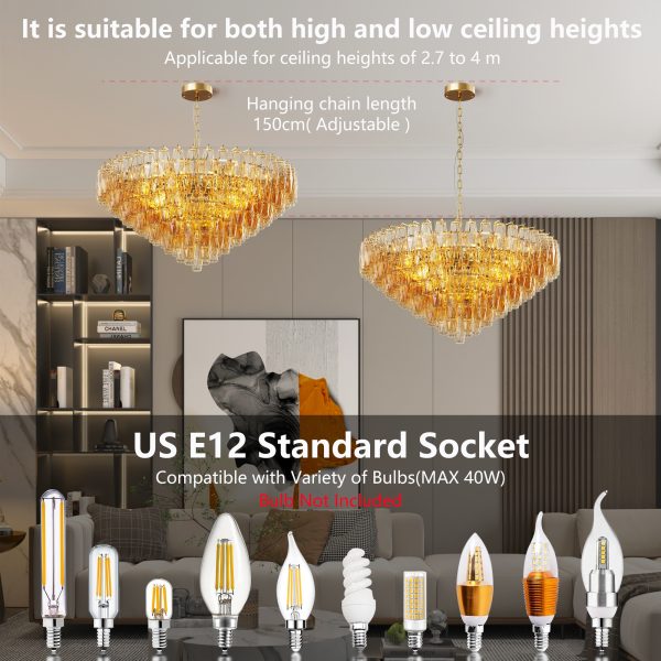37" Extra Large Chandelier, 14-Light Gold Modern Round Chandelier for Living Room, Tiered Smoke Blown Glass Brass Chandeliers, Hanging Light Fixture for Bedroom, Dining Room, Foyer, Entryway