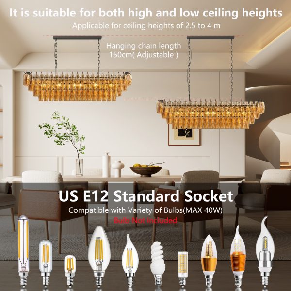 54" Black Rectangular Chandeliers for Dining Room, 12-Light 4 Tiered Large Smoke Glass Chandelier, Modern Kitchen Island Farmhouse Hanging Light Fixture for Living Room Foyer(Bulb not included)