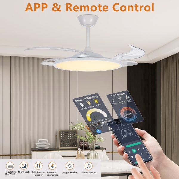 Retractable Ceiling Fans with Lights,42 inch Ceiling Fan with Light and Remote Control,Flush Mount,DC Reversible,3CCT,Low Noise,White Ceiling Fan for Bedroom,Living Room,Kitchen,Indoor Use