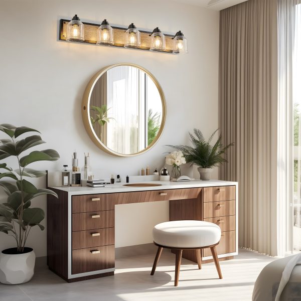 40" Farmhouse Vanity Light Fixture, 5-Light Bathroom Wall Sconce with Clear Seeded Glass Shades, Black and Wood Grain Finish, Modern Industrial Design for Bathroom or Powder Room (No Bulbs)
