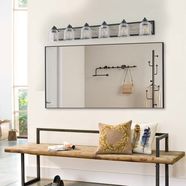 49" Farmhouse Vanity Light Fixture, 6-Light Bathroom Wall Sconce with Clear Seeded Glass Shades, Black and Wood Grain Finish, Modern Industrial Design for Bathroom or Powder Room (No Bulbs)