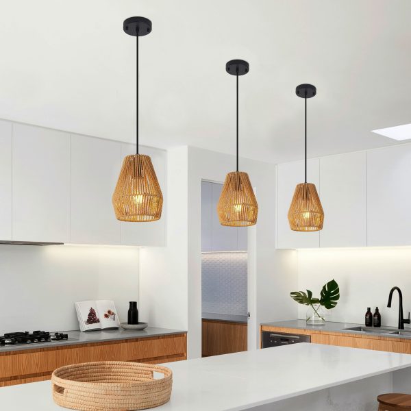 7" Set of 3 Rustic Hemp Rope Pendant Light, Handcrafted Farmhouse Hanging Light Fixture, Adjustable Height Ceiling Lamp for Kitchen Island, Dining Room, or Living Room, Natural Woven Design (No Bulbs)