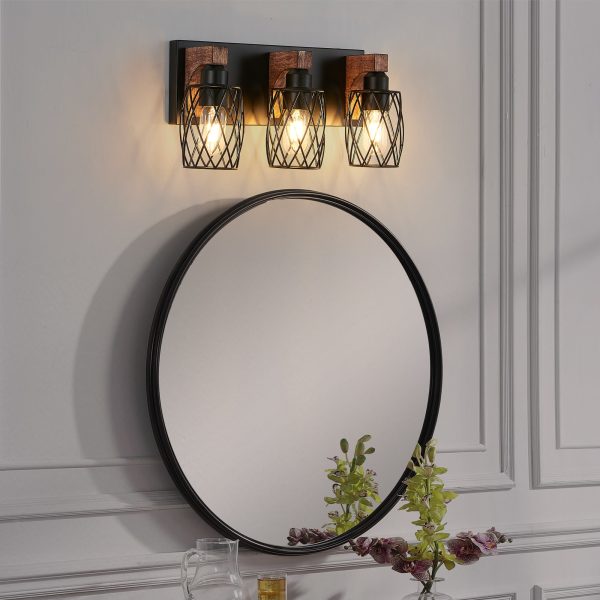 18" Industrial Vintage 3-Light Wall Sconce - Black Cage Wall Lighting Fixture with Wooden Accents for Bathroom, Hallway, or Living Room (Bulb Not Included)