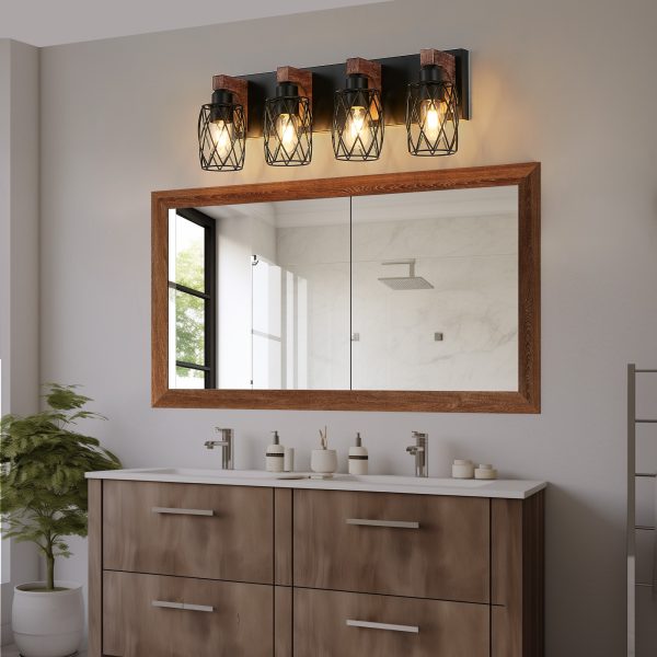 24" Industrial Vintage 4-Light Wall Sconce - Black Cage Wall Lighting Fixture with Wooden Accents for Bathroom, Hallway, or Living Room (Bulb Not Included)