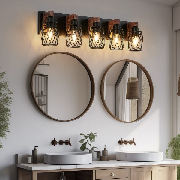 31" Industrial Vintage 5-Light Wall Sconce - Black Cage Wall Lighting Fixture with Wooden Accents for Bathroom, Hallway, or Living Room (Bulb Not Included)