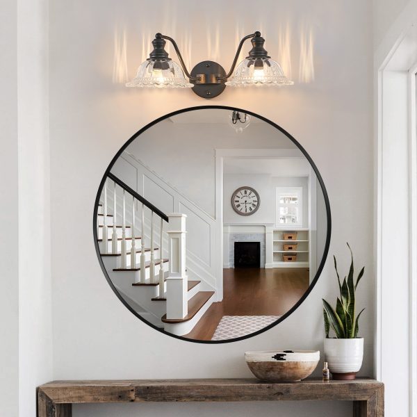 20 Inch 2-Light Vintage Bathroom Wall Sconce C Elegant Black Metal and Glass Lampshade Vanity Light Fixture for Bathroom, Hallway, or Bedroom (Bulb Not Included)
