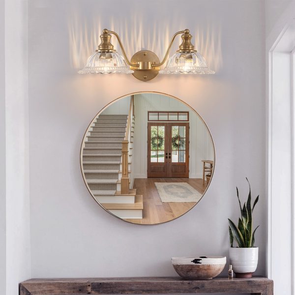 20 Inch 2-Light Vintage Bathroom Wall Sconce C Elegant Golden Metal and Glass Lampshade Vanity Light Fixture for Bathroom, Hallway, or Bedroom (Bulb Not Included)