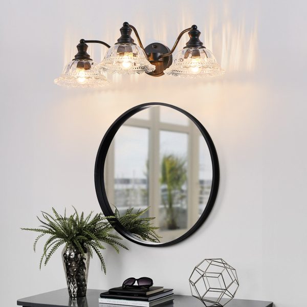 24 Inch 3-Light Vintage Bathroom Wall Sconce C Elegant Black Metal and Glass Lampshade Vanity Light Fixture for Bathroom, Hallway, or Bedroom (Bulb Not Included)