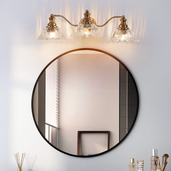 24 Inch 3-Light Vintage Bathroom Wall Sconce C Elegant Golden Metal and Glass Lampshade Vanity Light Fixture for Bathroom, Hallway, or Bedroom (Bulb Not Included)