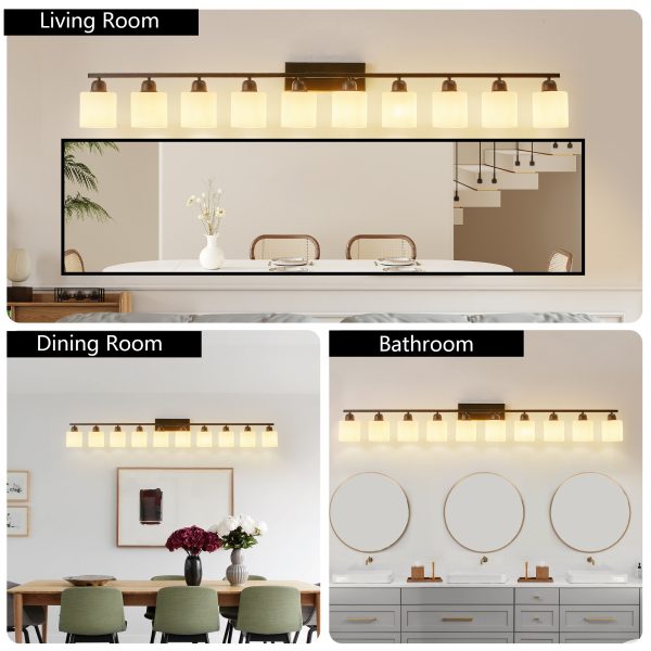 10 Light Bathroom Vanity Lights Over Mirror, 65.4 inch Black Vanity Lights Fixtures with White Glass Shades Matte Black Modern Vanity Lights Black Bathroom Wall Lighting for Mirror Bedroom