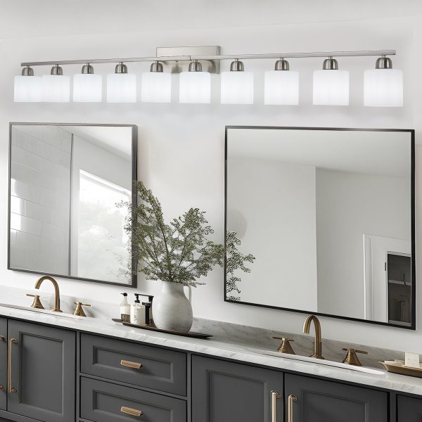 10-Light Bathroom Light Fixtures, 65.52inch Nickel Vanity Light with Milky White Glass Shade, Modern Bathroom Wall Lights Over Mirror, Farmhouse Wall Sconces Lighting for Bedroom Living Room
