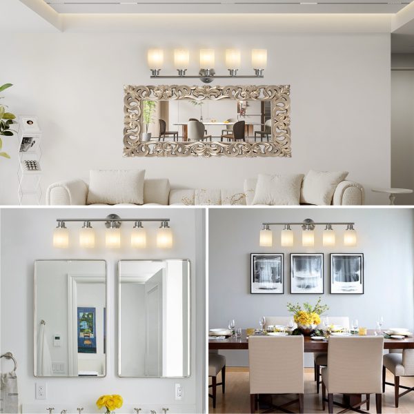 31" Modern 5-Light Vanity Wall Sconce, Brushed Nickel Finish with Frosted Glass Shades for Bathroom or Hallway Lighting (No Bulbs)