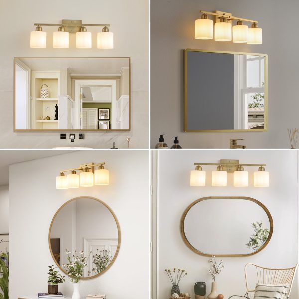 5-40.jpg Gold Bathroom Light Fixtures, 4-Light Modern Vanity Light Over Mirror, Wall Sconces with Milky White Frosted Glass Shades, E26 Socket (Bulbs Not Included)