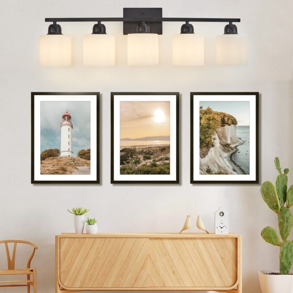 5-41.jpg Black Bathroom Light Fixtures, 5-Light Modern Vanity Light Over Mirror, Wall Sconces with Milky White Frosted Glass Shades, E26 Socket (Bulbs Not Included)