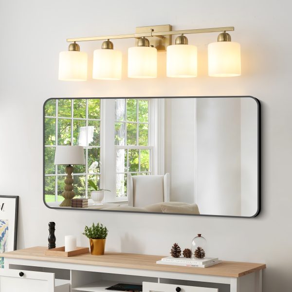 5-43.jpg Gold Bathroom Light Fixtures, 5-Light Modern Vanity Light Over Mirror, Wall Sconces with Milky White Frosted Glass Shades, E26 Socket (Bulbs Not Included)