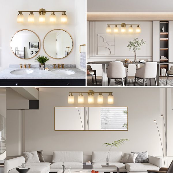 5-5.jpg 31" Modern 5-Light Vanity Wall Sconce, Golden Finish with Frosted Glass Shades for Bathroom or Hallway Lighting (No Bulbs)