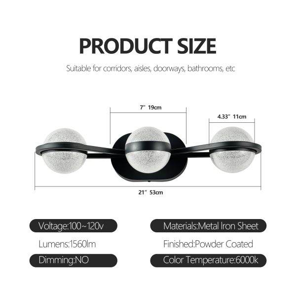 Bathroom Vanity Light, LED 3 Bulb Crystal Sand Acrylic Shades, Wall Mounted Decorative Lighting Fixture, Suitable for Bathroom Vanity Mirror (Black)
