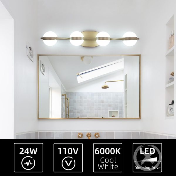 28" Golden Minimalist LED Bathroom Vanity Light with Crystal Sand Acrylic Shades, 4-Light Wall Mounted Decorative Lighting Fixture, Suitable for Bathroom Vanity Mirror