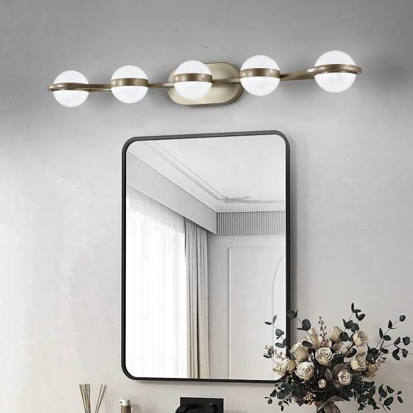 35" Modern Minimalist Bathroom Vanity Light, LED 5 Bulb Crystal Sand Acrylic Shades, Wall Mounted Decorative Lighting Fixture, Suitable for Bathroom Vanity Mirror (Champagne Gold)