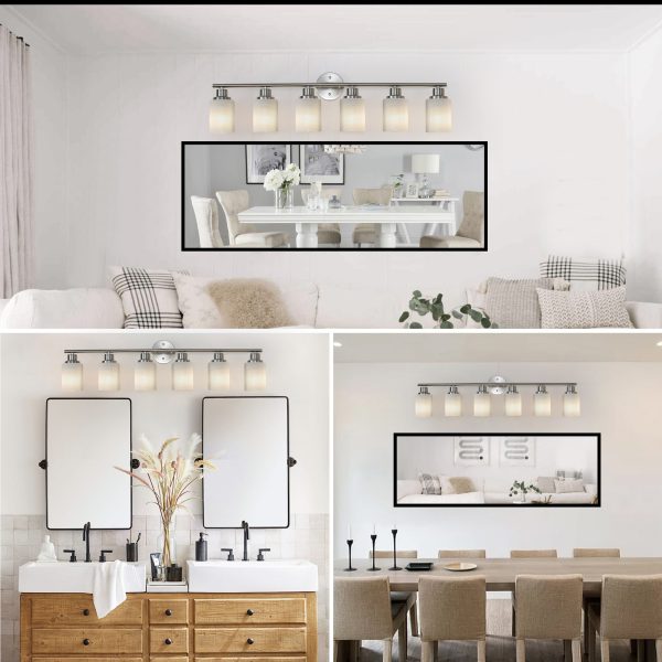 39" Modern 6-Light Vanity Wall Sconce, Brushed Nickel Finish with Frosted Glass Shades for Bathroom or Hallway Lighting (No Bulbs)