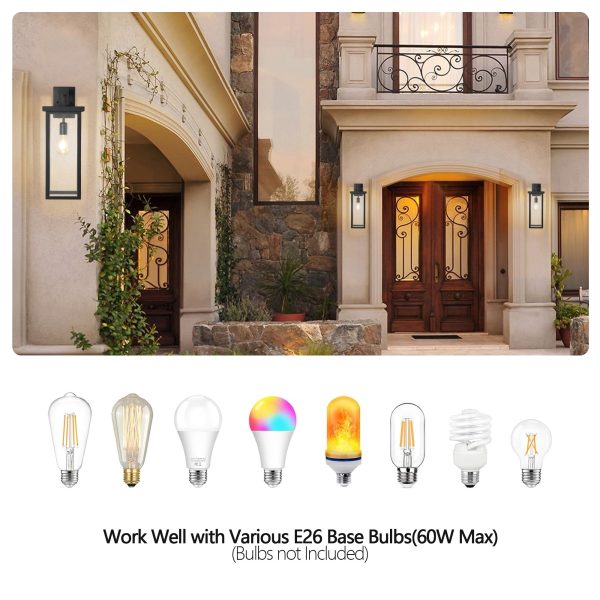Outdoor Wall Light Fixtures, Exterior Waterproof Wall Lanterns, Porch Sconces Lighting with E26 Sockets & Glass Shades, Modern Matte Black Outside Lights for Patio Front Door Entryway Garage, 2-Pack