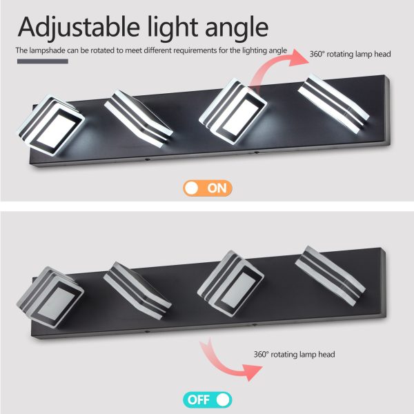 26" Modern Black 4-Light LED Vanity Light, Square Acrylic Lampshades Wall Mount Fixture for Bathroom, Mirror Lighting